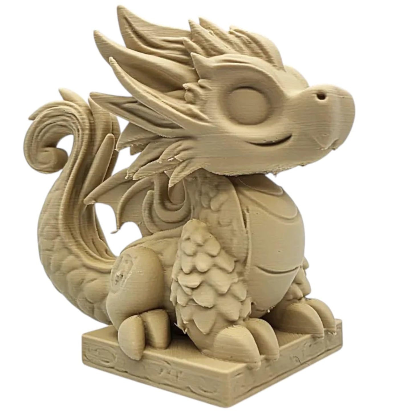 Baby Dragon on Block Figurine – Whimsical Wood-Style Sculpture with Playful Pose & Base Platform – Fantasy Desk or Shelf Collectible – 3D Printed in Canada