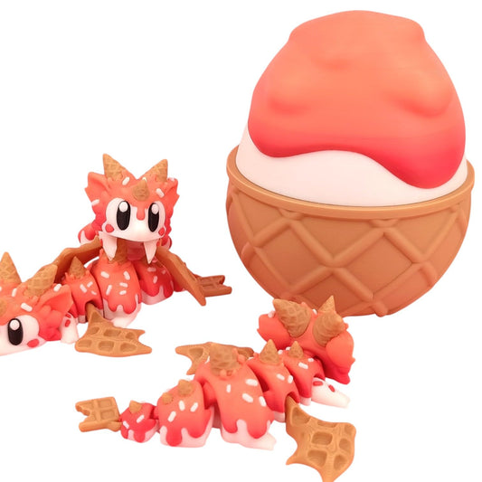 Articulated Sugar Rush Dragon with Container Egg Shell – Articulated Dessert-Themed Figurine for Display or Fidgeting – Ice Cream Cone Collectible Model – 3D Printed in Canada
