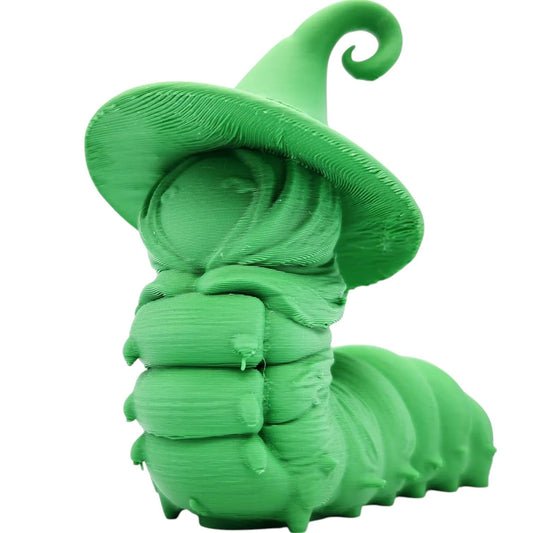 Caterpillar Witch Figurine – Cute Fantasy Bug Sculpture with Wizard Hat for Fairy Garden, Halloween Display, or Shelf Decor – 3D Printed in Canada