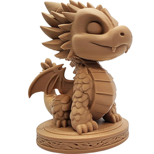 Cute Dragon on Pedestal Figurine – Fantasy Collectible with Smiling Face & Carved Display Base – Whimsical Decor for Shelf or Desk – 3D Printed in Canada