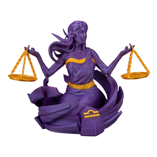 Libra Zodiac Figurine – Purple & Gold Justice Statue with Scales of Balance – Astrology-Inspired Shelf Decor for Libra Sign Lovers – 3D Printed in Canada