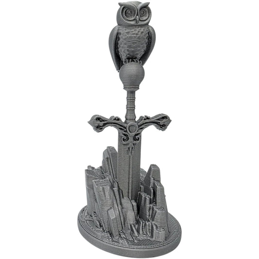 Owl on The Sword Miniature – Fantasy Owl Perched on Blade Statue for RPG Dioramas, Desk Display, or Collector Gifts – 3D Printed in Canada