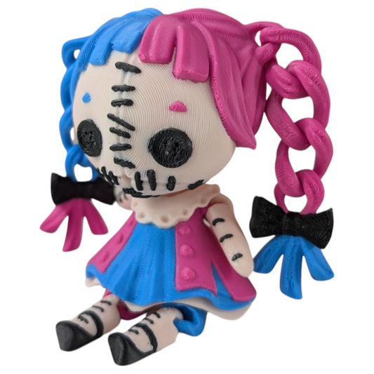 Articulated Creepy Doll Figurine – Horror-Inspired Button-Eyed Display Figure with Twisted Braids, Gothic Decor for Desk or Shelf – 3D Printed in Canada