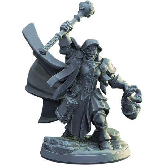 Armored Female Cleric Miniature with Mace, Censer & Tome for RPG Battles & Painting – 3D Printed in Canada