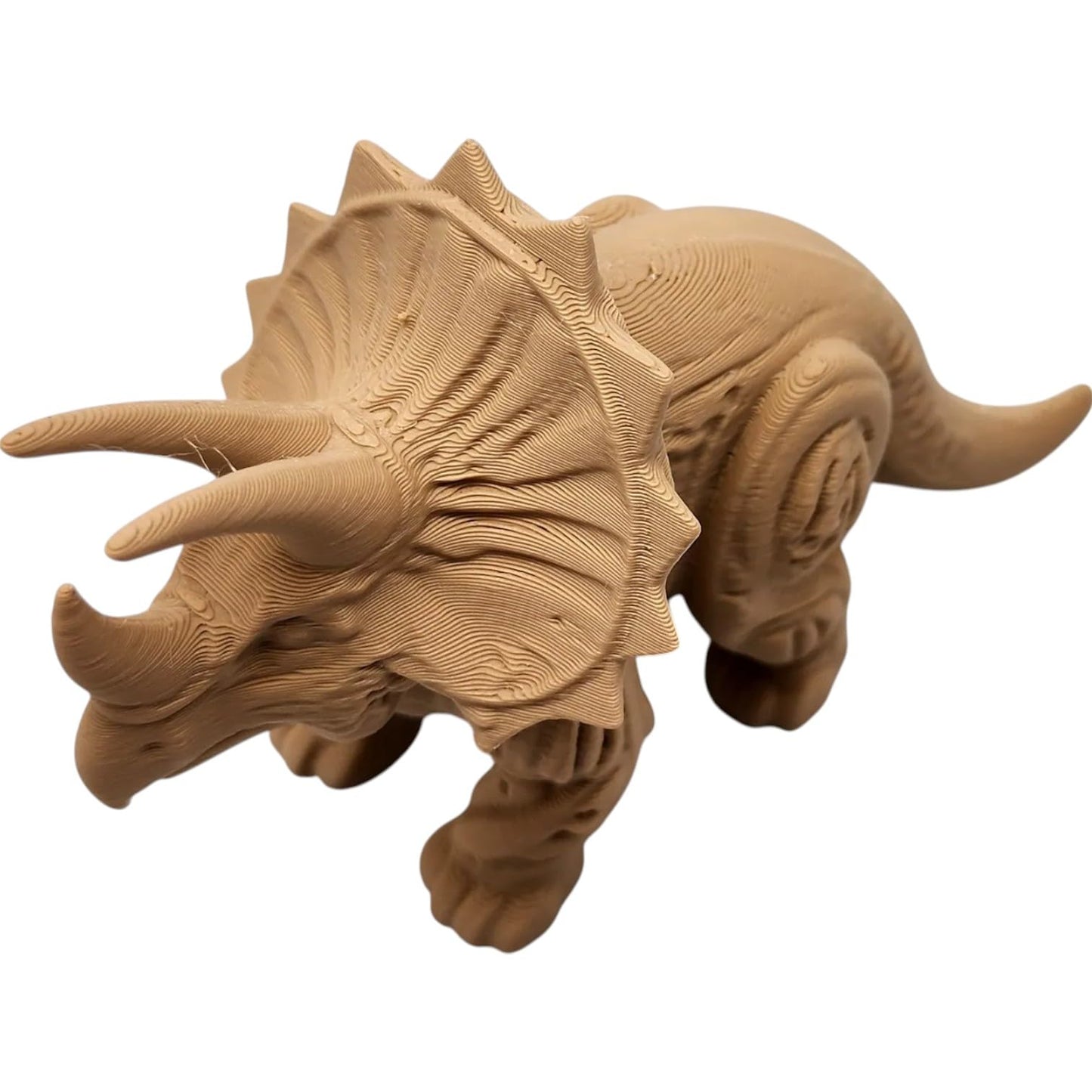 Wood-Carved Triceratops Figurine – Decorative Dinosaur Statue with Fossil Bone Detailing & Horned Crest – 3D Printed in Canada