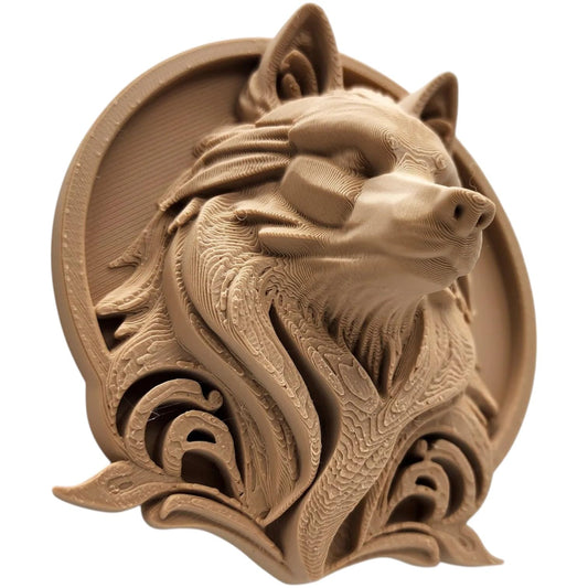 Wolf Relief Sculpture Wall Art – 3D Printed Woodland Animal Head with Ornamental Frame, No Supports – 3D Printed in Canada
