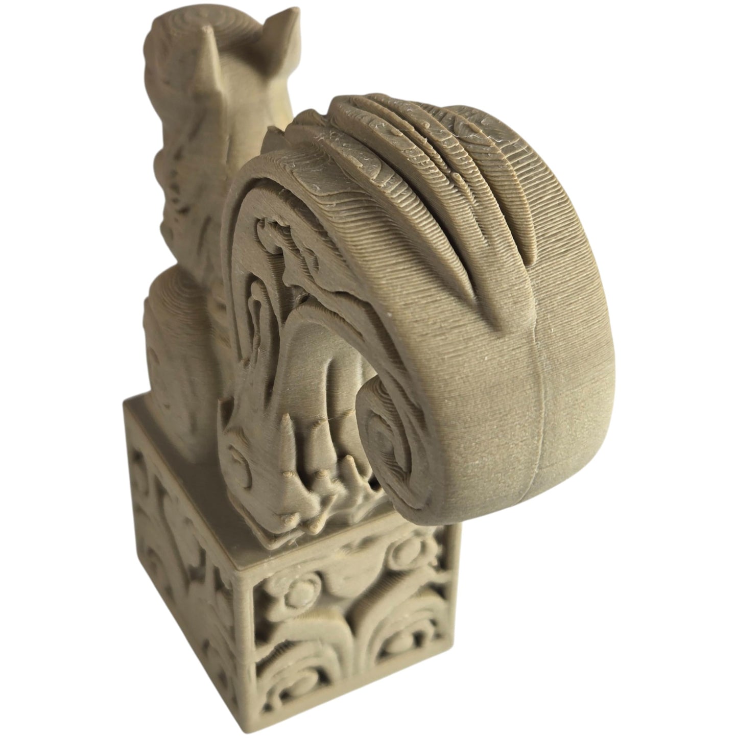 Wood Carved-Style Squirrel Figurine on Ornamental Base – Intricate 3D Printed Forest Animal Sculpture for Shelf Decor & Rustic Collectors – 3D Printed in Canada