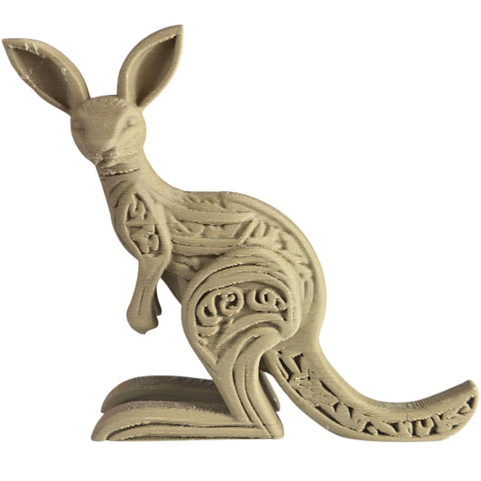 Wood-Carved Kangaroo Figurine – Stylized Australian Marsupial Sculpture with Tribal Accents – 3D Printed in Canada