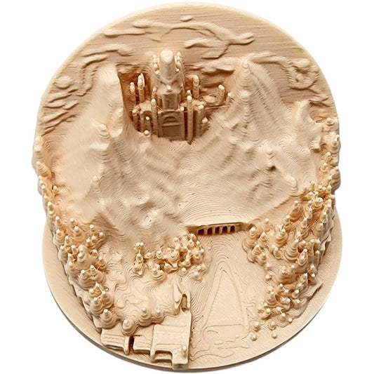 Mountain Kingdom Miniature – Fantasy Diorama with Castle, Forest, and Roadway in Scenic Circular Base, No Supports Needed – 3D Printed in Canada