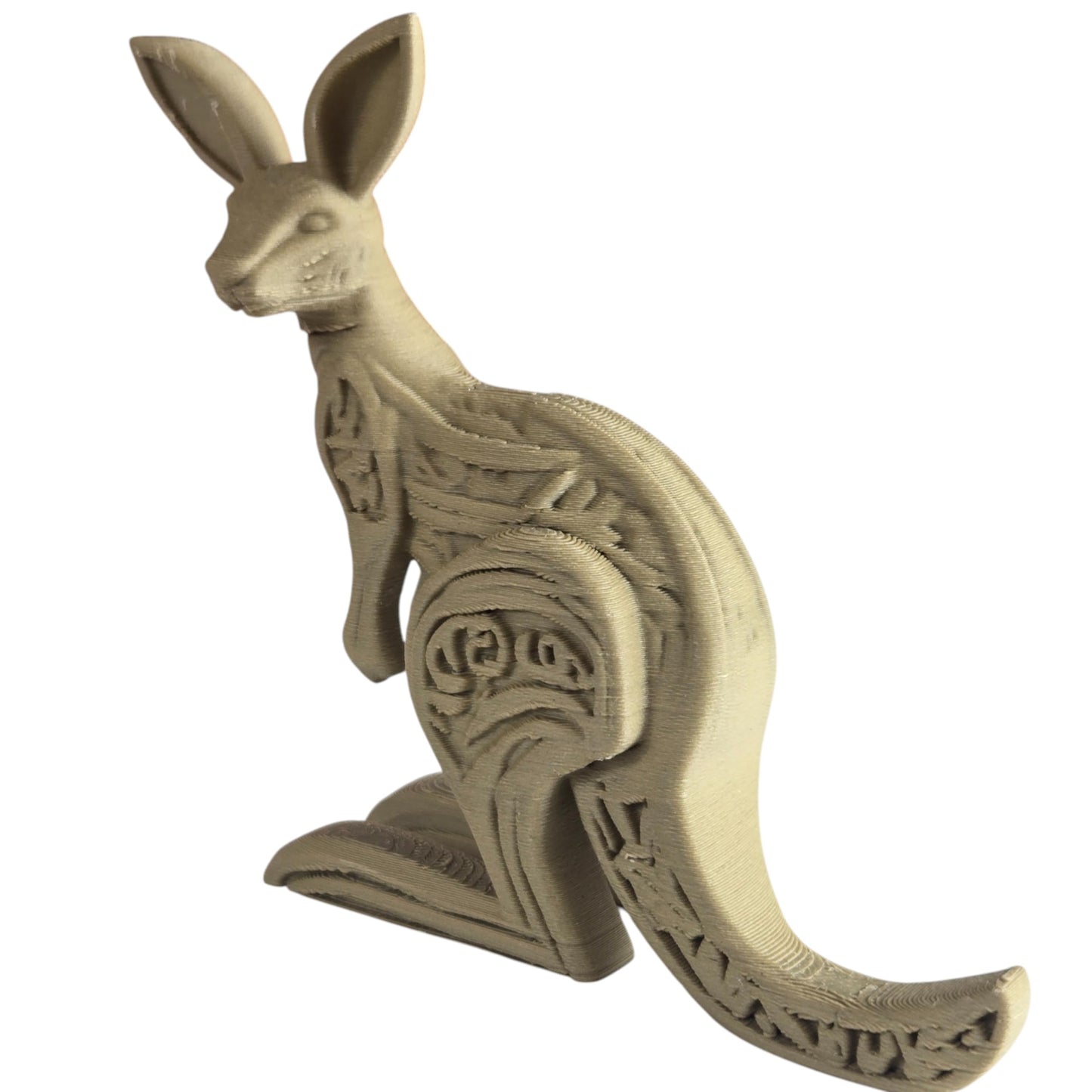 Wood-Carved Kangaroo Figurine – Stylized Australian Marsupial Sculpture with Tribal Accents – 3D Printed in Canada
