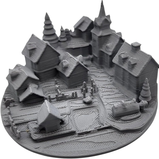 Village Miniature Model – Detailed Medieval Town Scene for Dioramas, Terrain & 3D Printer Benchmarking – No Supports – 3D Printed in Canada