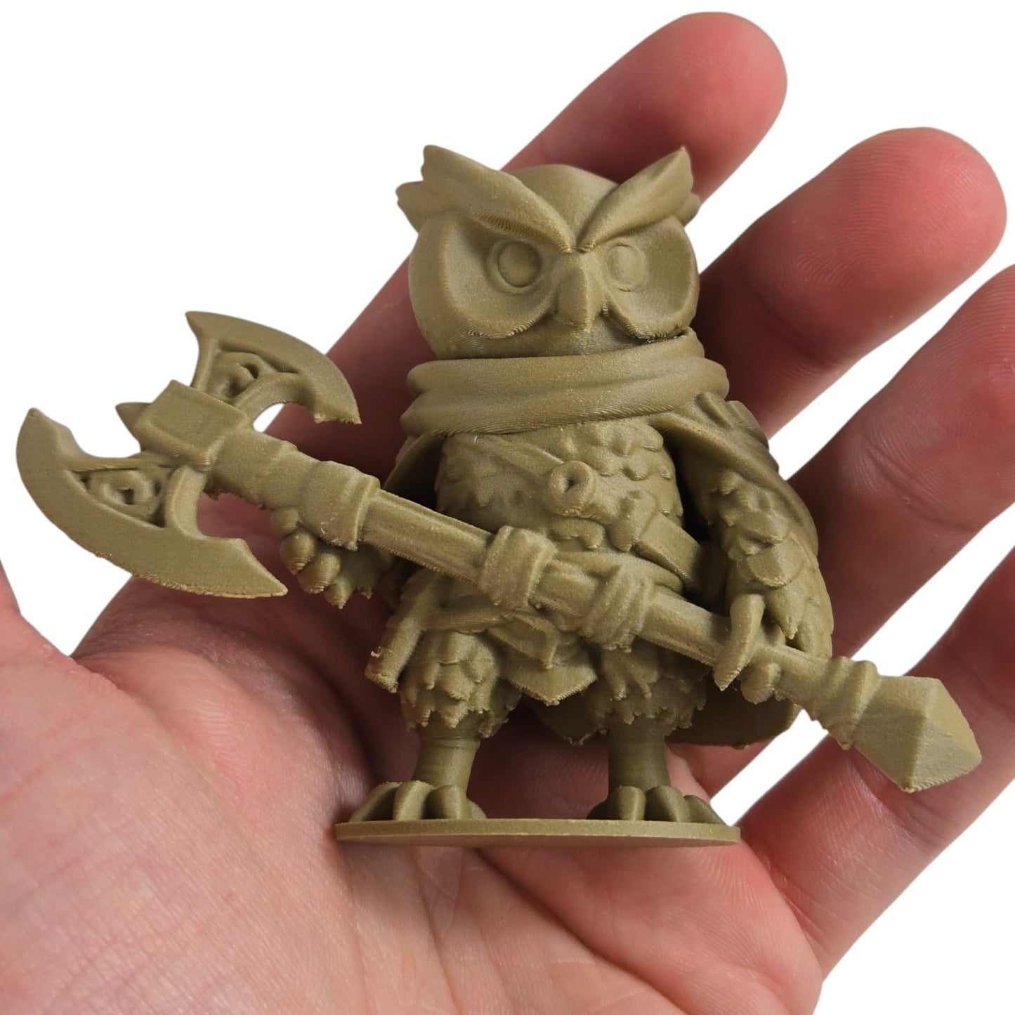 The Champion Owl Figurine – Fantasy Owl Warrior with Double Axe & Battle Gear – Owls & Dragons Collection – Paintable Display Miniature – 3D Printed in Canada