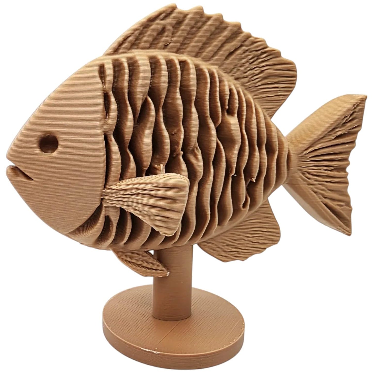 Wooden Fish Sculpture with Layered Wave Texture – PLA Wood 3D Printed Fish Décor for Desk, Shelf or Mantel – 3D Printed in Canada