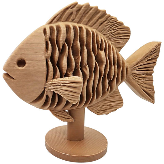Wooden Fish Sculpture with Layered Wave Texture – PLA Wood 3D Printed Fish Décor for Desk, Shelf or Mantel – 3D Printed in Canada