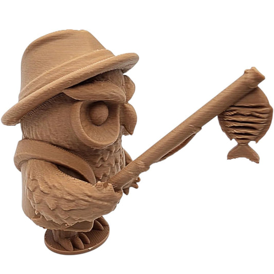 Fisherman Owl Figurine – Whimsical Fantasy Fishing Owl Miniature with Rod & Fish – Unique Display Statue or Paintable Model – 3D Printed in Canada