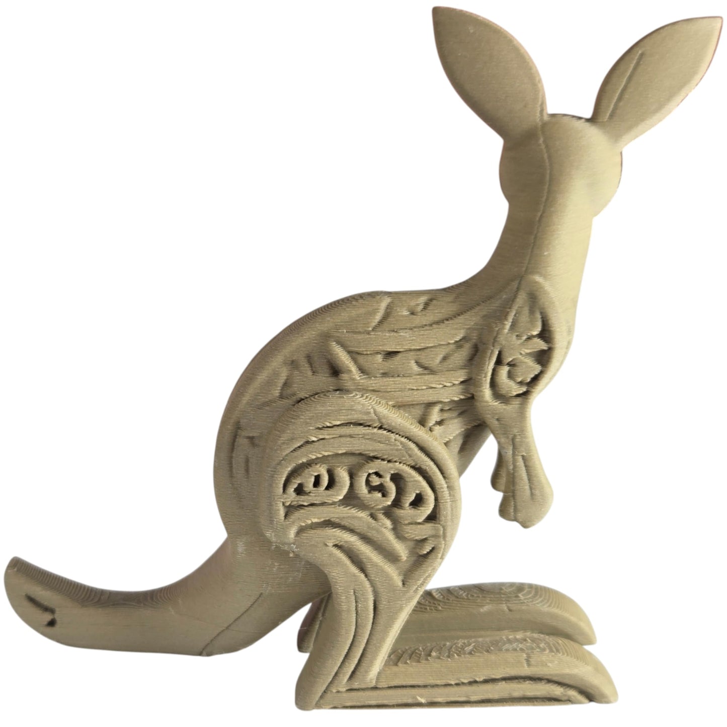 Wood-Carved Kangaroo Figurine – Stylized Australian Marsupial Sculpture with Tribal Accents – 3D Printed in Canada