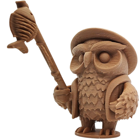 Fisherman Owl Figurine – Whimsical Fantasy Fishing Owl Miniature with Rod & Fish – Unique Display Statue or Paintable Model – 3D Printed in Canada