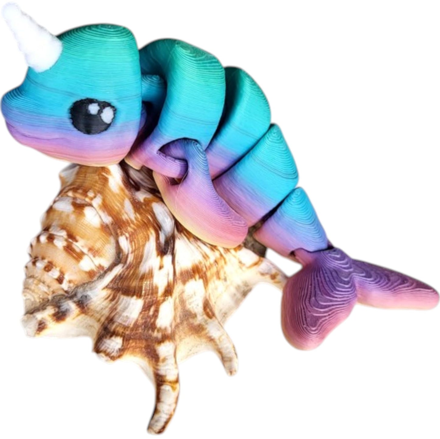 Rainbow Articulated Narwhal Figurine with Seashell Base – Fantasy Ocean Creature Desk Décor & Collectible Gift – 3D Printed in Canada