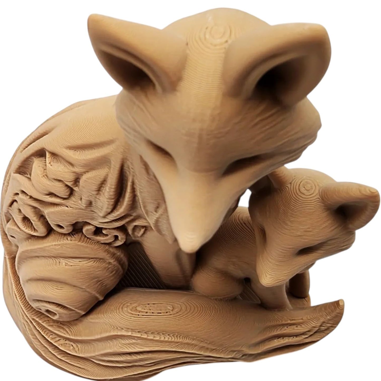 Wood-Carved Fox & Cub Figurine – Decorative Forest Animal Sculpture with Floral Detail for Shelf, Desk or Mantel – 3D Printed in Canada