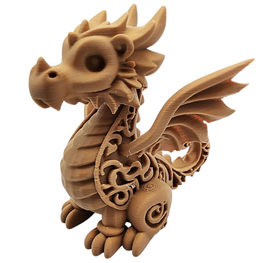 Wood-Carved Cute Dragon Figurine – Adorable Fantasy Sculpture with Carved Swirls & Articulated Tail – Whimsical Shelf or Desk Decor – 3D Printed in Canada