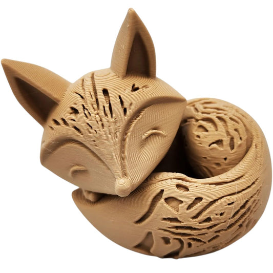 Wood-Carved Sleeping Fox Figurine – Cozy Woodland Animal Sculpture in Wood PLA – 3D Printed in Canada