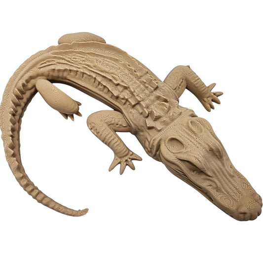 Alligator Figurine – Wood-Style 3D Printed Alligator Sculpture with Tribal Detailing for Shelf, Garden, or Reptile Decor – 3D Printed in Canada