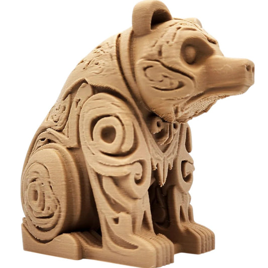 Wood-Carved Bear Figurine – Tribal-Inspired Woodland Sculpture for Nature & Wildlife Decor – 3D Printed in Canada