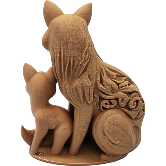 Wood-Carved Fox & Cub Figurine – Decorative Forest Animal Sculpture with Floral Detail for Shelf, Desk or Mantel – 3D Printed in Canada