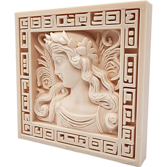 Marble Carved Goddess Fresco – Ornate 3D Printed Wall Panel with Mythical Female Relief and Framed Border, Support-Free Print – 3D Printed in Canada