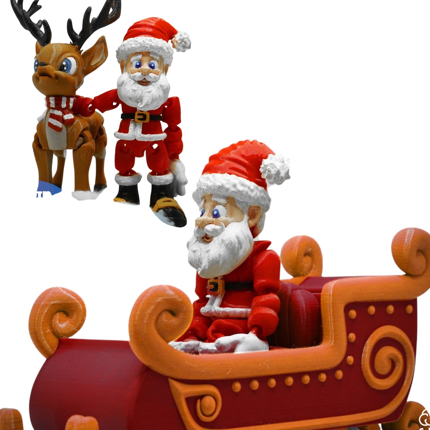 Articulated Santa Claus with Sleigh & Reindeer – Christmas Figurine Set for DIY Painting & Display – Poseable Holiday Decoration – 3D Printed in Canada