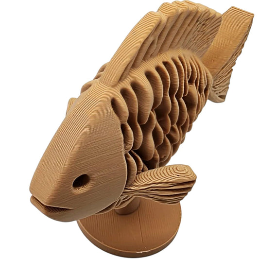 Wooden Fish Sculpture with Layered Wave Texture – PLA Wood 3D Printed Fish Décor for Desk, Shelf or Mantel – 3D Printed in Canada