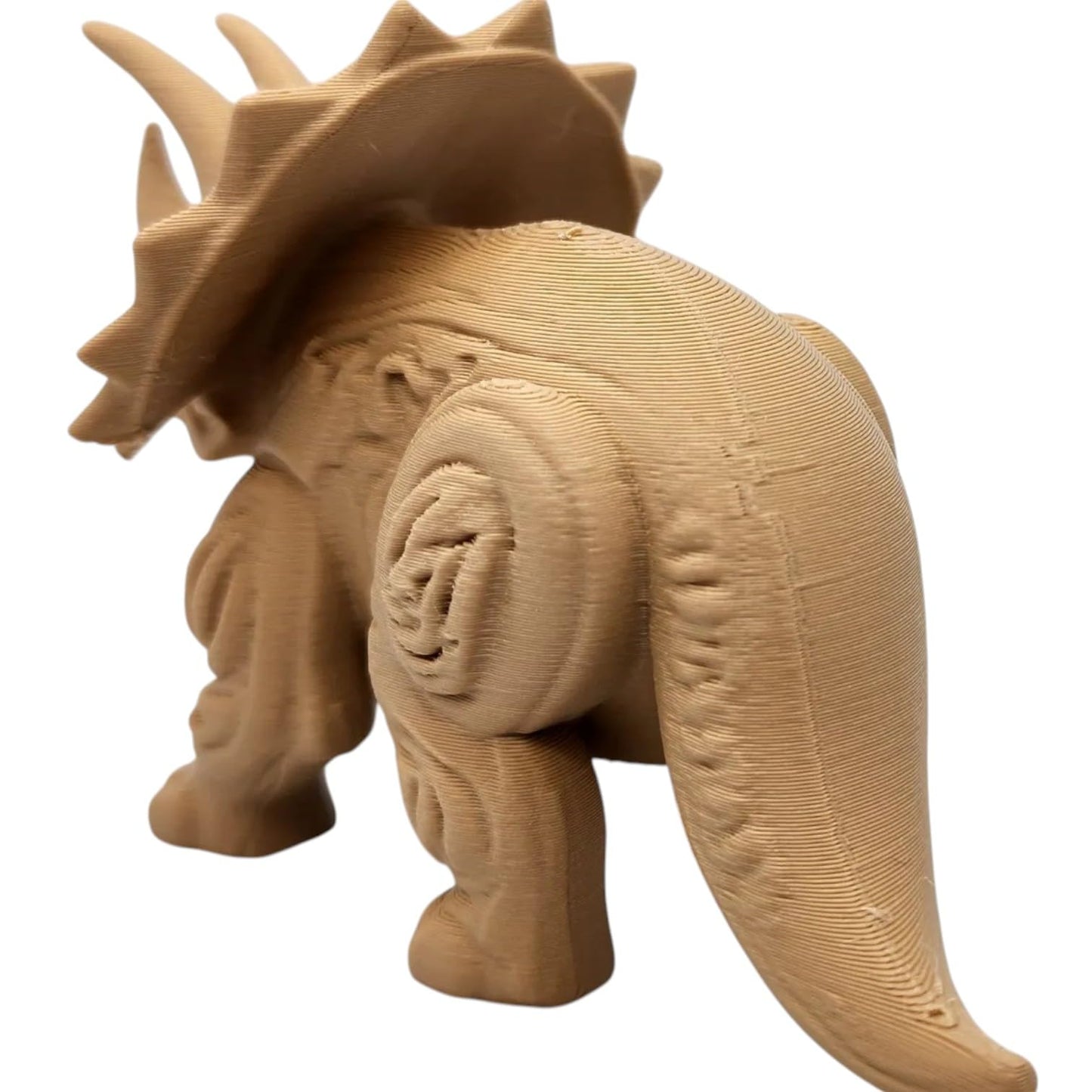 Wood-Carved Triceratops Figurine – Decorative Dinosaur Statue with Fossil Bone Detailing & Horned Crest – 3D Printed in Canada