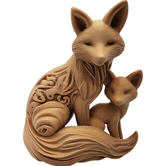Wood-Carved Fox & Cub Figurine – Decorative Forest Animal Sculpture with Floral Detail for Shelf, Desk or Mantel – 3D Printed in Canada