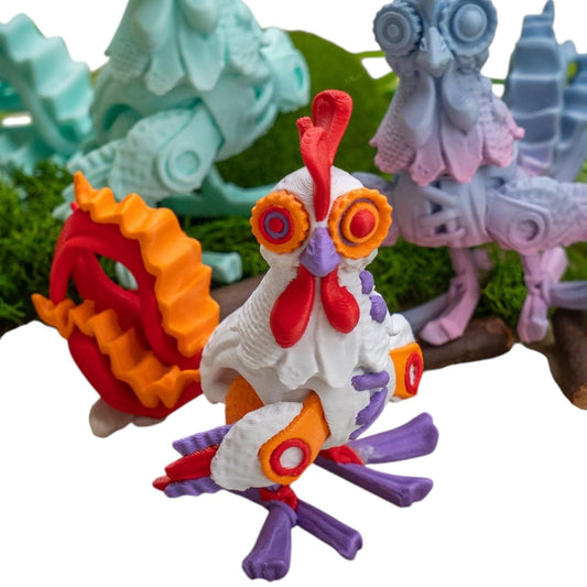 Articulated Twisty Chicken Action Figure – Statues Vibrant Multicolor Fidget Rooster Figurine for Desk or Shelf, Collectible Display Figure with Moving Parts – 3D Printed in Canada