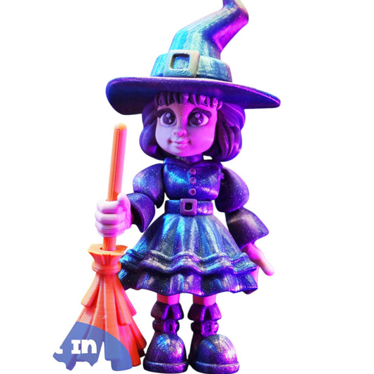 Articulated Baby Witch Figurine with Broom – Print-in-Place Halloween-Inspired Collectible Character – 3D Printed in Canada