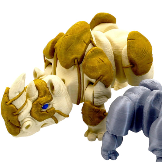 Armored Rhino Poseable Figurine – Articulated Fantasy Creature with Battle Plating, Desk Companion or Shelf Display – 3D Printed in Canada