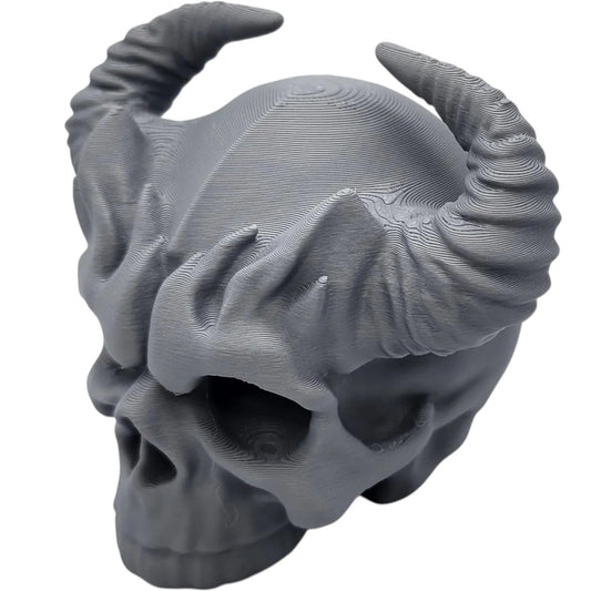 Demon Skull Figurine with Curved Horns – Gothic Fantasy Skull Decor for Tabletop Displays, Horror Collections & RPG Terrain – 3D Printed in Canada