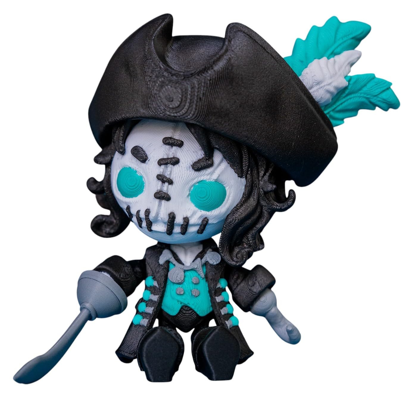Twisty Pirate Captain Figurine – Spooky Skeleton Pirate Collectible for Desk or Shelf Display – Articulated Arms – Creepy Cool Halloween Decor or Gift – 3D Printed in Canada
