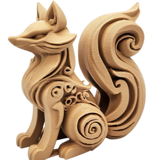 Wood-Carved Fox Figurine – Elegant Woodland Animal Sculpture with Floral Detail for Shelf or Mantel – 3D Printed in Canada