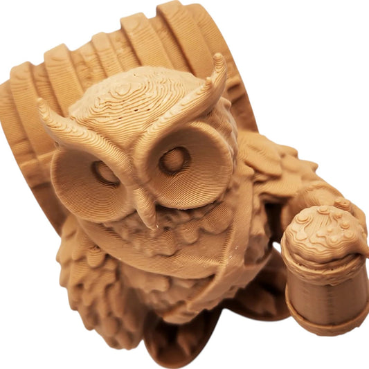 The Friar Owl Figurine – Fantasy Owl with Ale Tankard & Barrel Backpack – Owls & Dragons Collection – Paintable Miniature Display Figure – 3D Printed in Canada