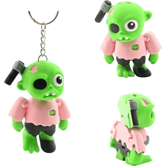 3-Pack Axe Zombie Keychains – Articulated Halloween Zombie with Eyepatch, Pink Shirt & Axe in Head, Creepy-Cute Fidget Gift for Teens & Adults – 3D Printed in Canada