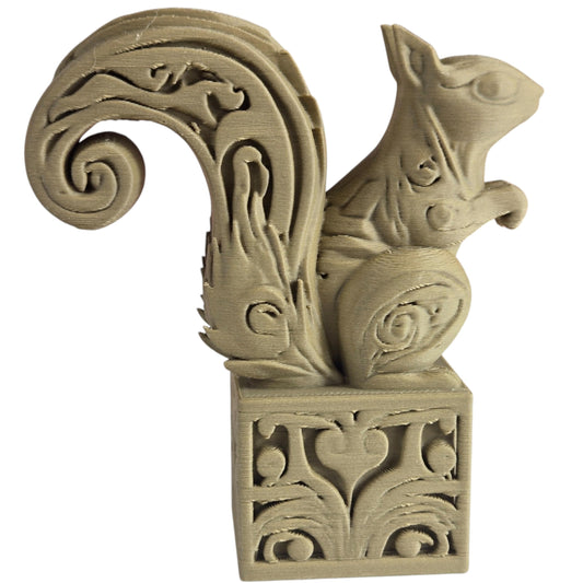 Wood Carved-Style Squirrel Figurine on Ornamental Base – Intricate 3D Printed Forest Animal Sculpture for Shelf Decor & Rustic Collectors – 3D Printed in Canada