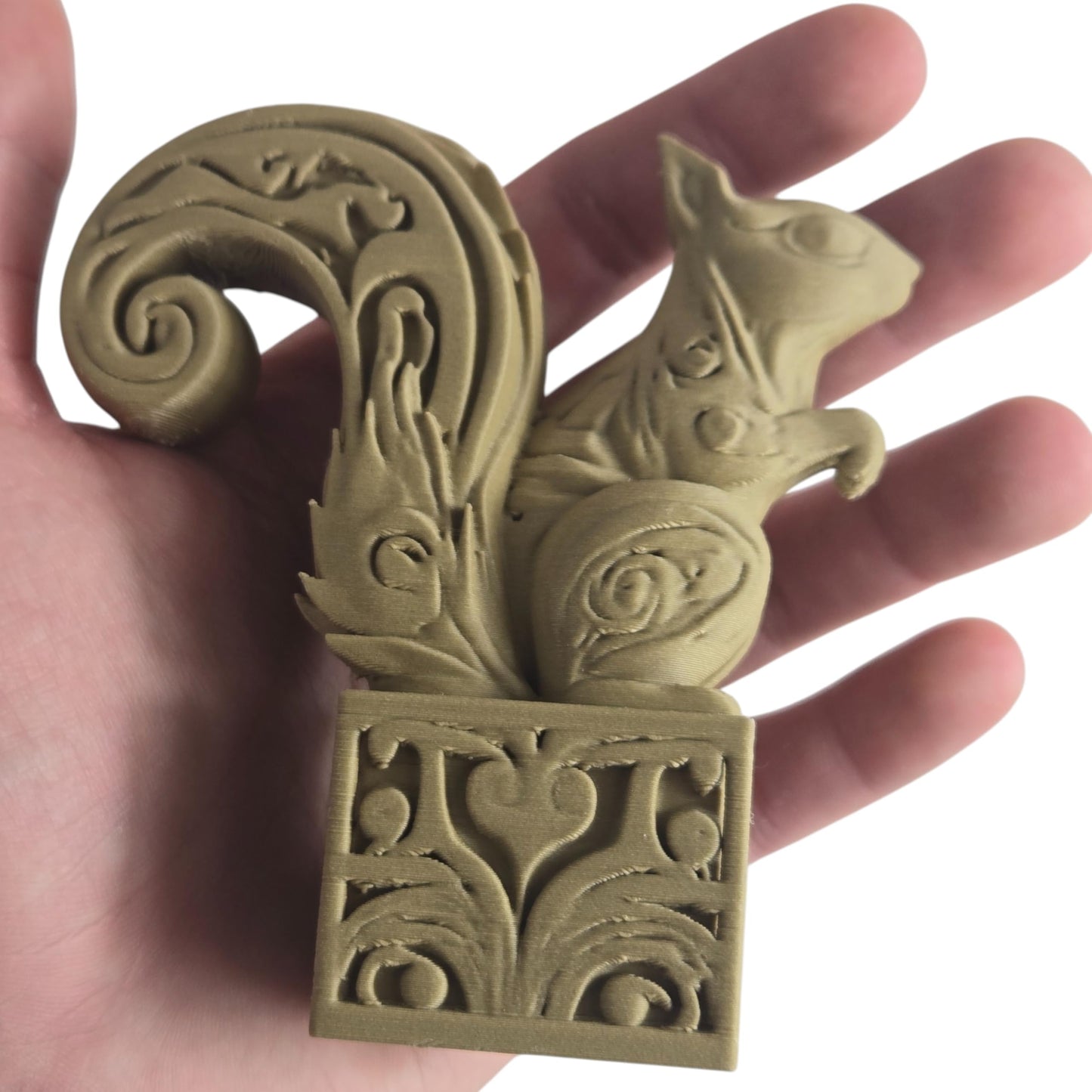 Wood Carved-Style Squirrel Figurine on Ornamental Base – Intricate 3D Printed Forest Animal Sculpture for Shelf Decor & Rustic Collectors – 3D Printed in Canada