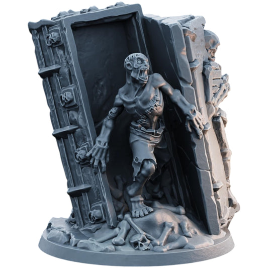 Undead Zombie Emerging from Coffin Miniature for Tabletop RPG, Horror Dioramas & Fantasy Painting – 3D Printed in Canada
