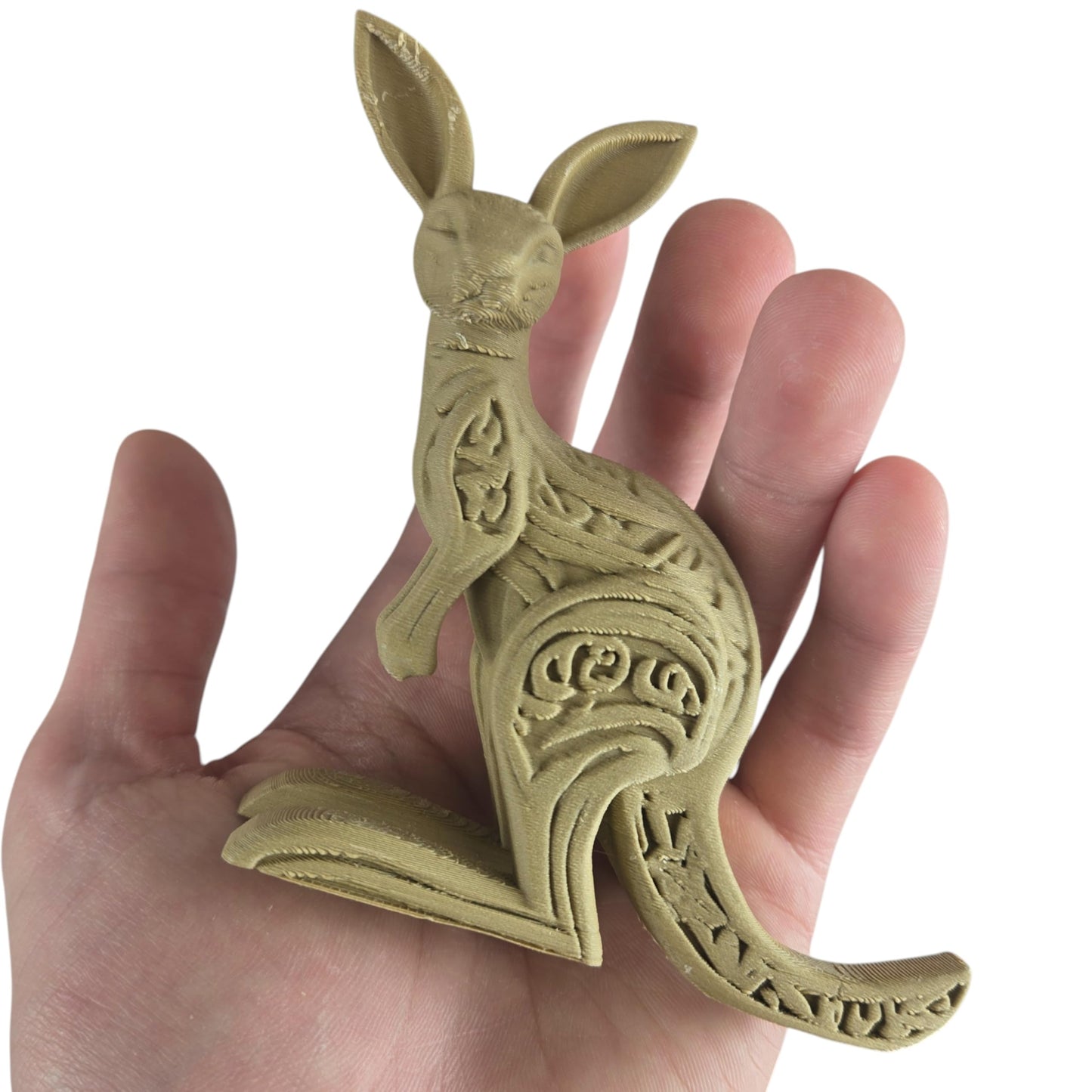 Wood-Carved Kangaroo Figurine – Stylized Australian Marsupial Sculpture with Tribal Accents – 3D Printed in Canada