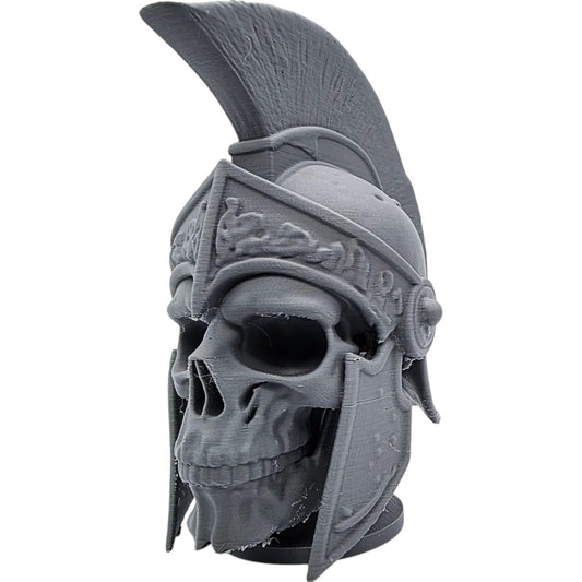 Ancient Warrior Skull Sculpture – Armored Helmet Skull Bust with Pedestal Base, Gothic Medieval Decor for Shelf or Display – 3D Printed in Canada