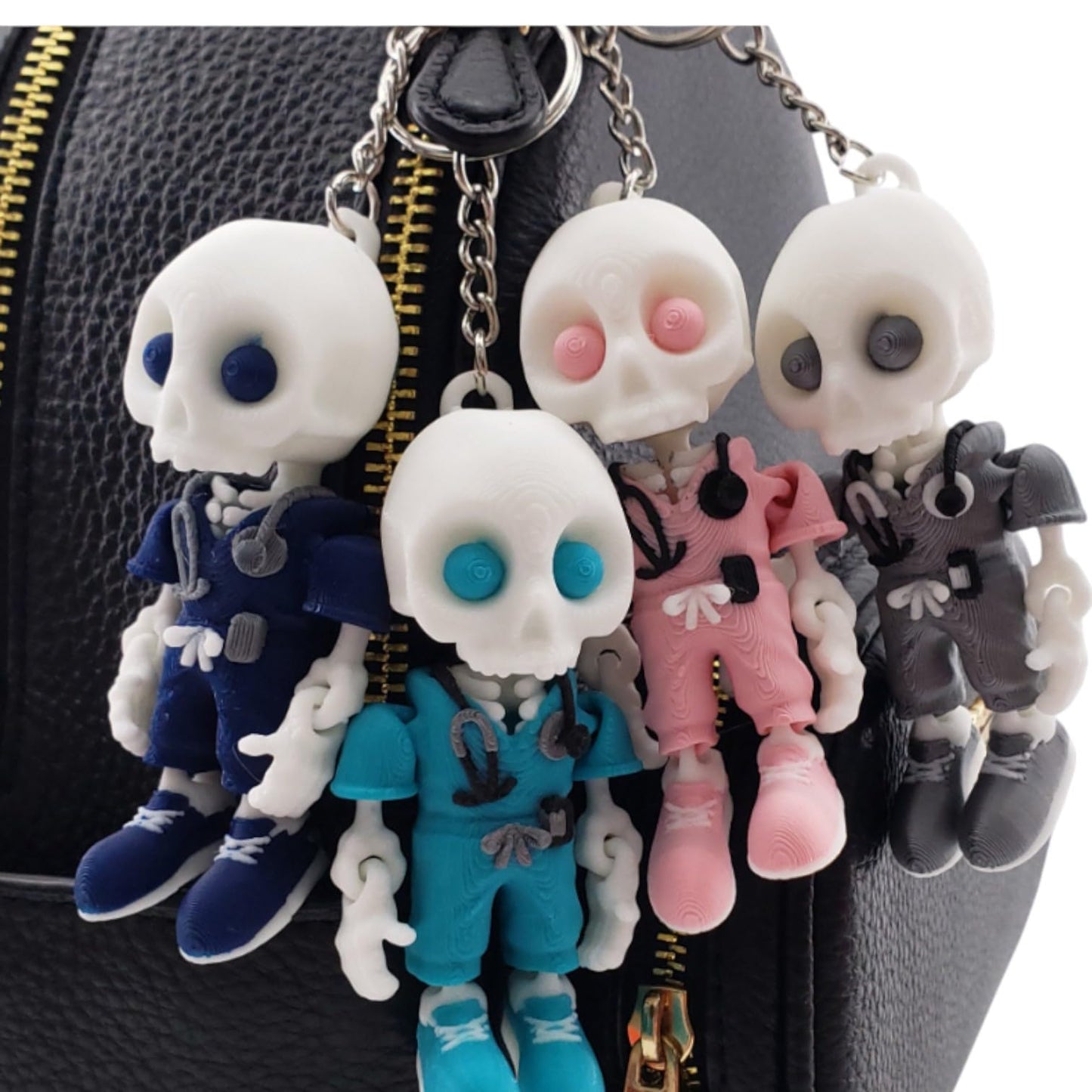 3-Pack Articulated Skeleton Nurse Keychains β Poseable Medical Fidget Gift for Teens & Adults, Mini Skeleton in Scrubs with Keyring & Clip β 3D Printed in Canada (Gray)