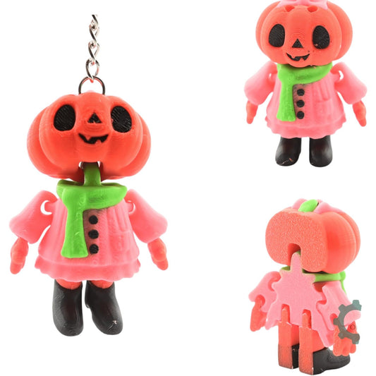 3-Pack Pumpkin Girl Keychains – Articulated Kawaii Halloween Figurine with Pink Dress & Green Scarf, Cute Fidget Charm for Teens & Adults – 3D Printed in Canada