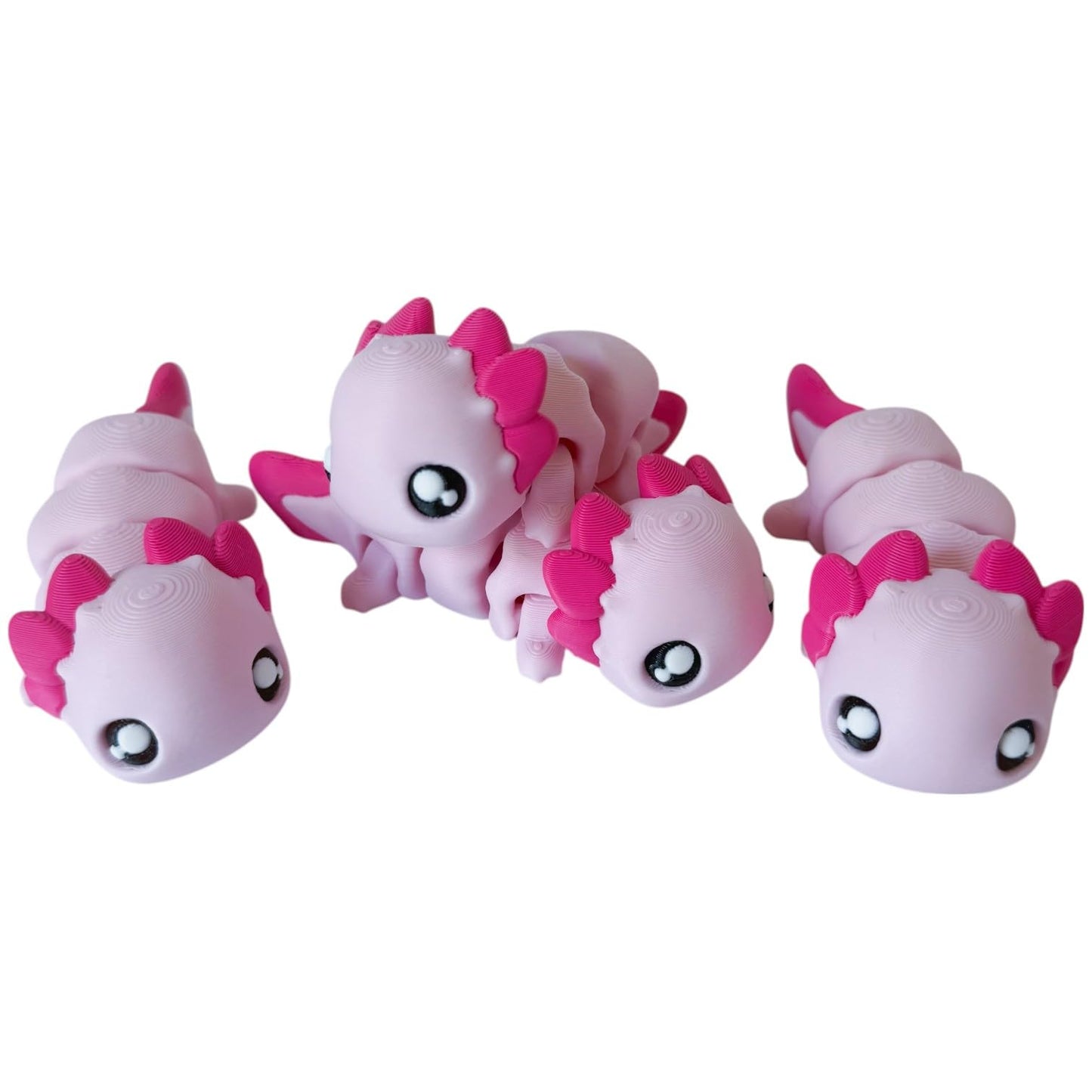 5-Pack Mini Axolotl Critters Figurines – Articulated Aquatic Fidget Toys for Desk, Shelf, or Collectible Display – Cute Axolotl Models in Pink – 3D Printed in Canada