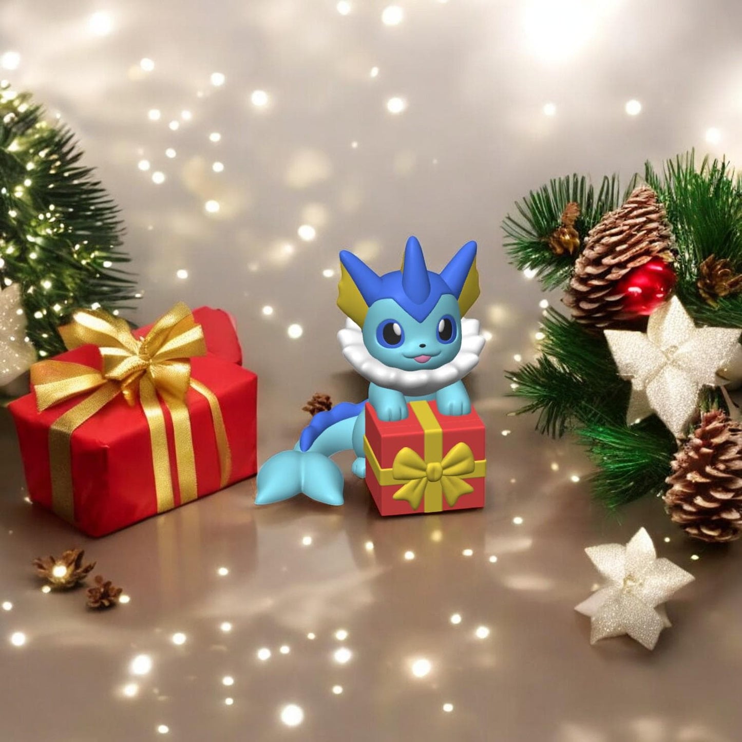 Christmas Present Vaporeon-Inspired Collectible Figurine – 3D Printed Holiday Pokémon Fan Art | Festive Desk Display